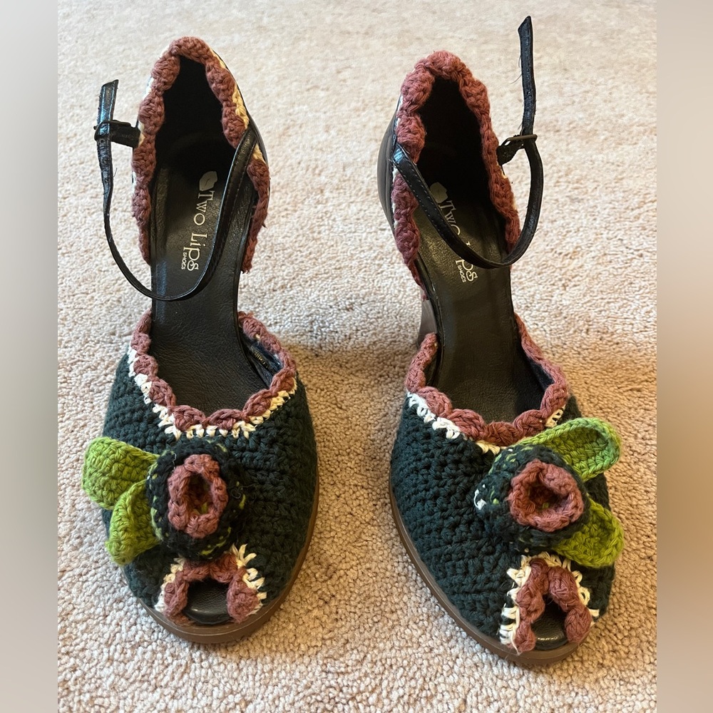 Unique Two Lips Black and Brown Heels with crochet Floral Accents